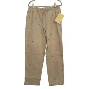 Denim & Co Womens Khaki Floral Embroidered Cotton Pull On Pants Elastic Sz M New